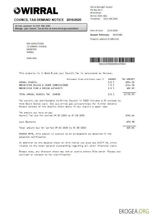United Kingdom Wirral council tax bill template in Word and PDF format